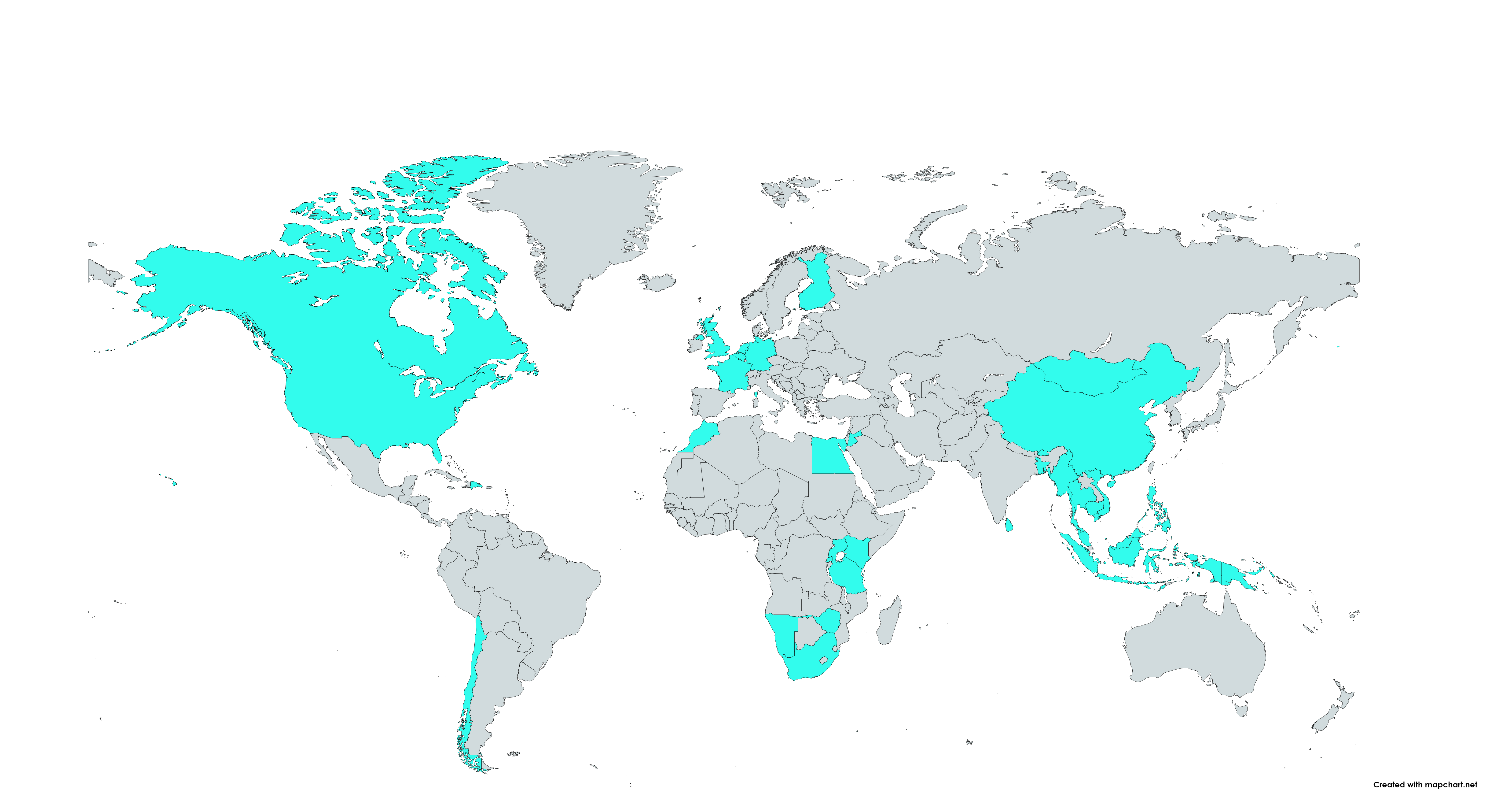 A world map showing the countries Emma Day and Dr Sabine K Witting have contributed projects too. Various countries around Europe, Asia, Africa, and North and South America are highlighted in blue